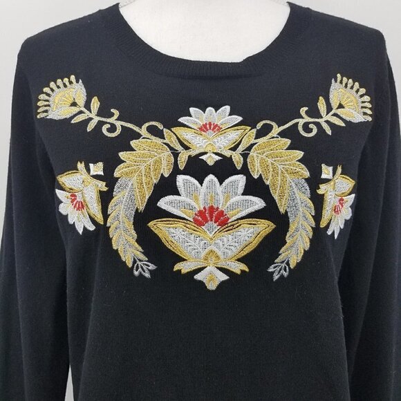Philosophy Crewneck Black Gold Embroidered Floral Pattern Sweater - Picture 2 of 7